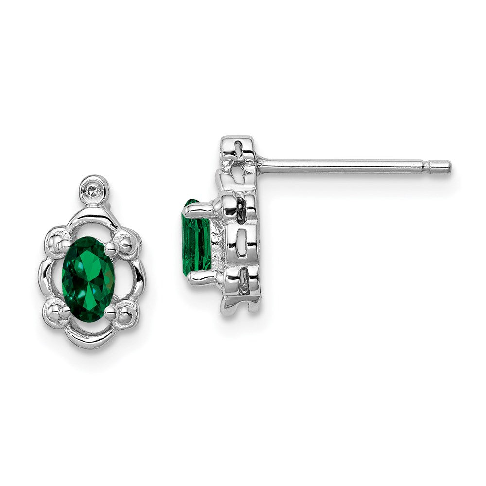 Sterling Silver Rhodium-Plated Created Emerald & Diam. Earrings