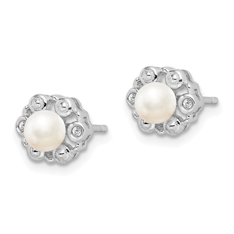 Sterling Silver Rhodium-Plated Fw Cultured Pearl & Diam. Earrings