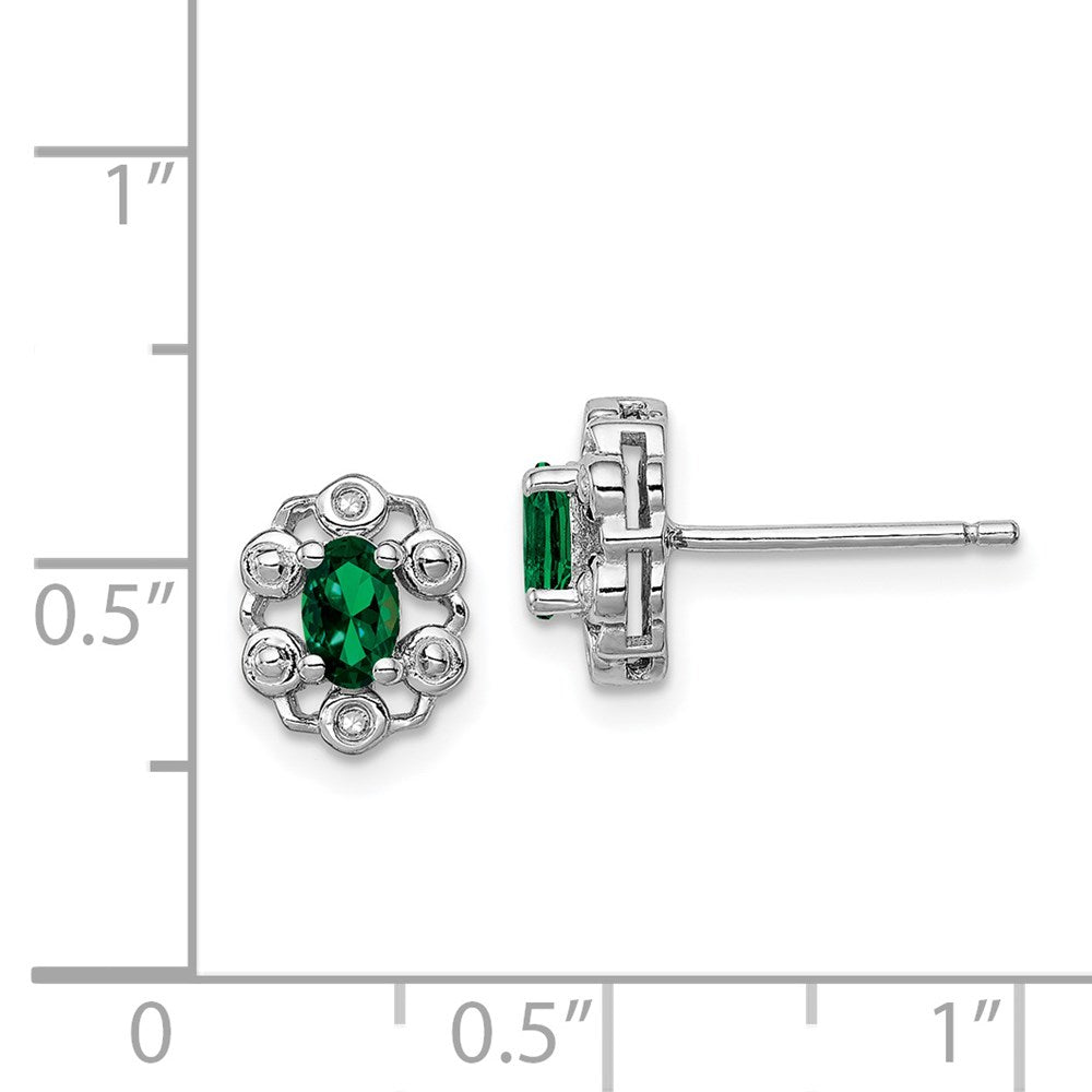 Sterling Silver Rhodium-Plated Created Emerald & Diam. Earrings