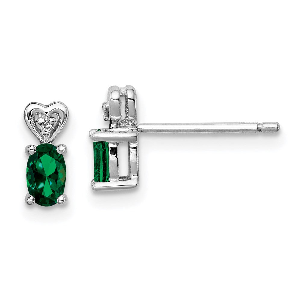 Sterling Silver Rhodium-Plated Created Emerald & Diam. Earrings