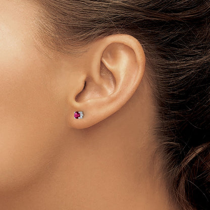 Sterling Silver Rhodium-Plated 4mm Round Created Ruby Post Earrings