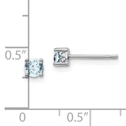 Sterling Silver Rhodium-Plated 4mm Round Aquamarine Post Earrings