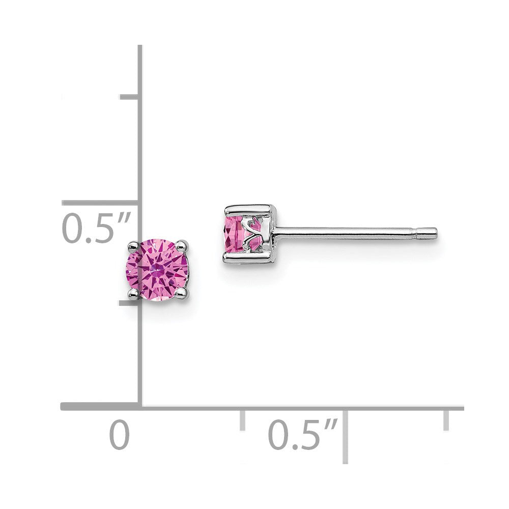 Sterling Silver Rhodium-Plated 4mm Round Created Pink Sapphire Post Earring