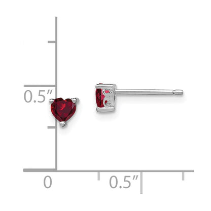 Sterling Silver Rhodium-Plated 4mm Heart Created Ruby Post Earrings