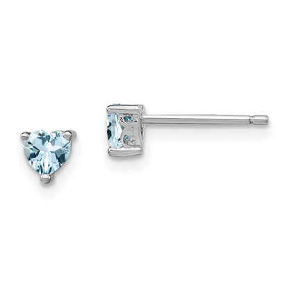 Sterling Silver Rhodium-Plated 4mm Heart Aquamarine Post Earrings