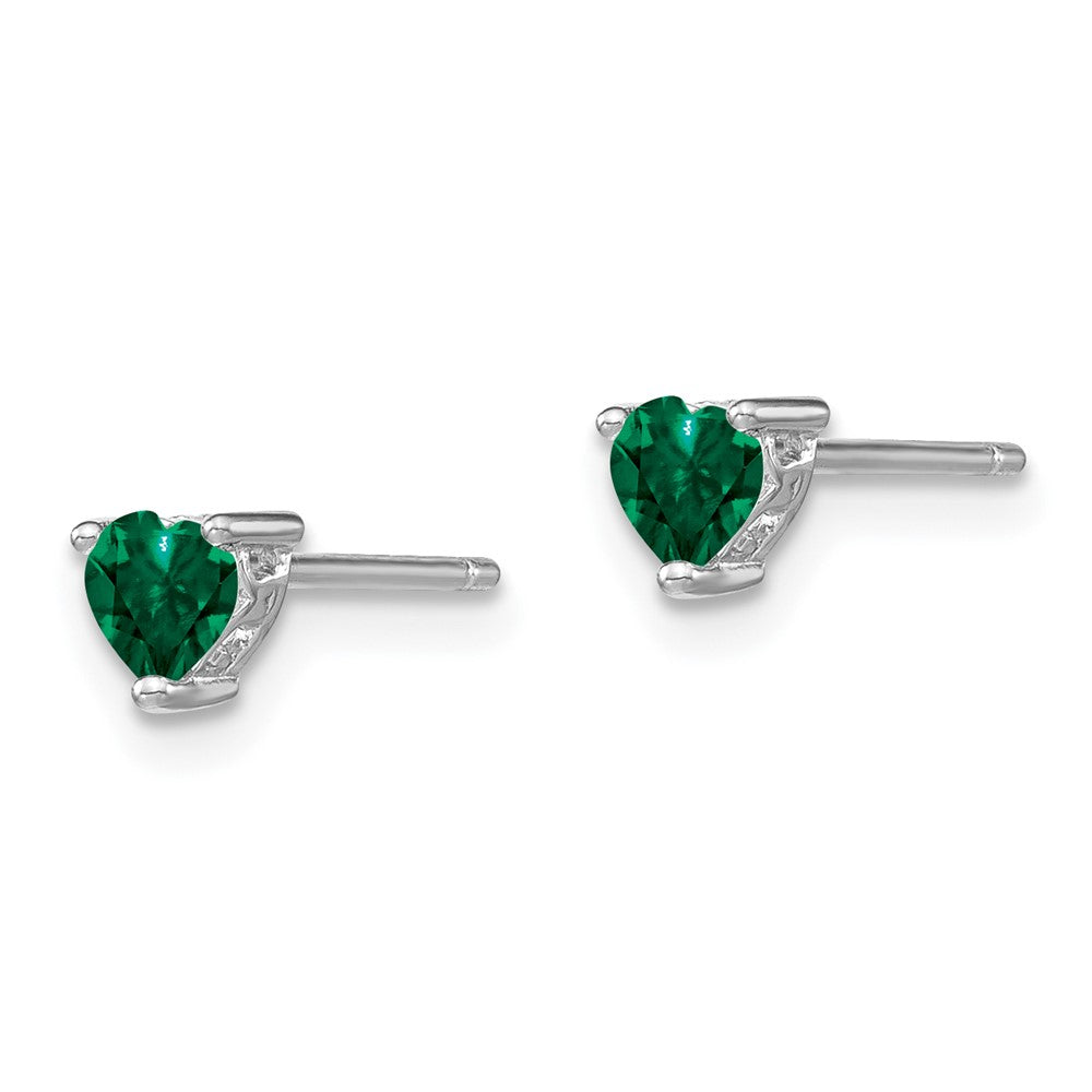 Sterling Silver Rhod-Plated 4mm Heart Created Emerald Post Earrings