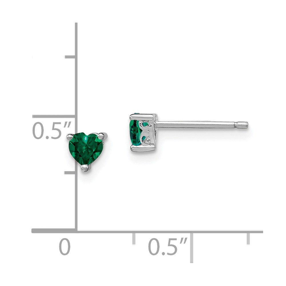 Sterling Silver Rhod-Plated 4mm Heart Created Emerald Post Earrings