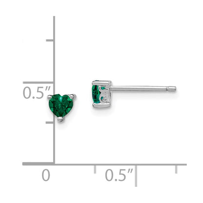 Sterling Silver Rhod-Plated 4mm Heart Created Emerald Post Earrings