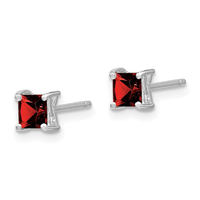 Sterling Silver Rhodium-Plated 4mm Princess Garnet Post Earrings