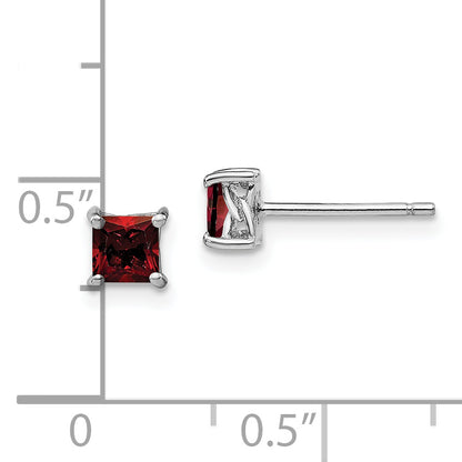 Sterling Silver Rhodium-Plated 4mm Princess Garnet Post Earrings
