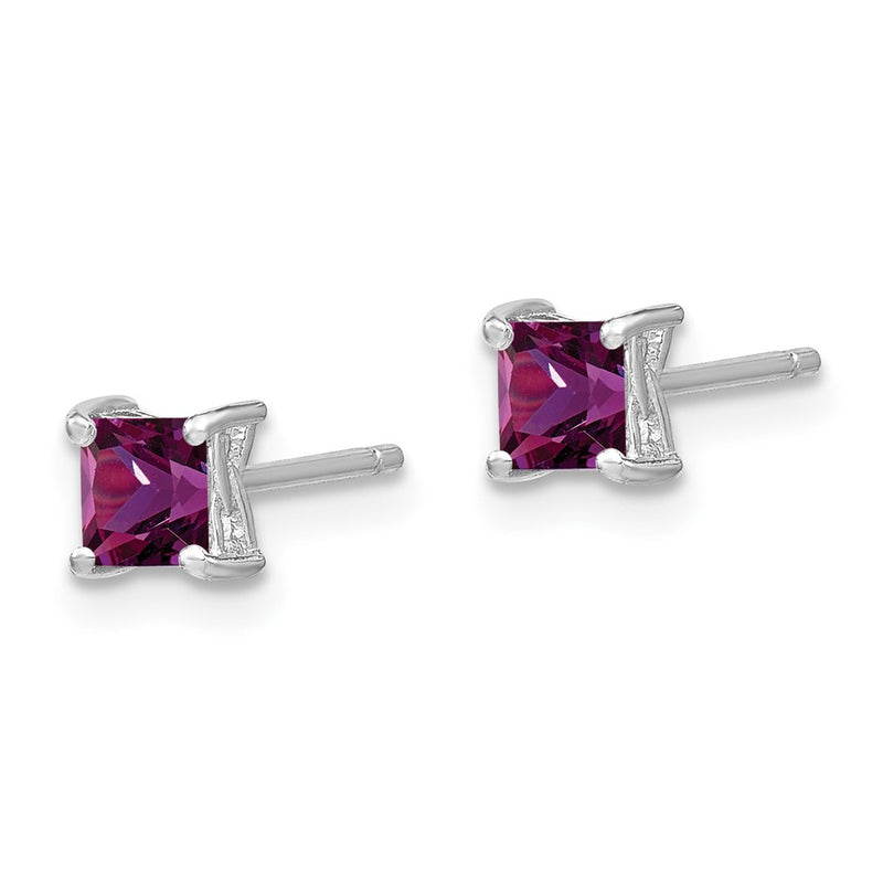 Sterling Silver Rhod-Pltd 4mm Princess Created Ruby Post Earrings