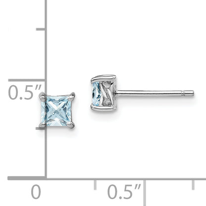 Sterling Silver Rhodium-Plated 4mm Princess Aquamarine Post Earrings