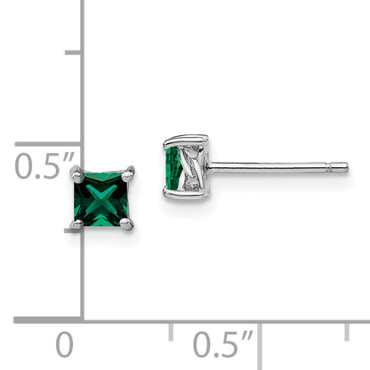 Sterling Silver Rhod-Pltd 4mm Princess Created Emerald Post Earrings
