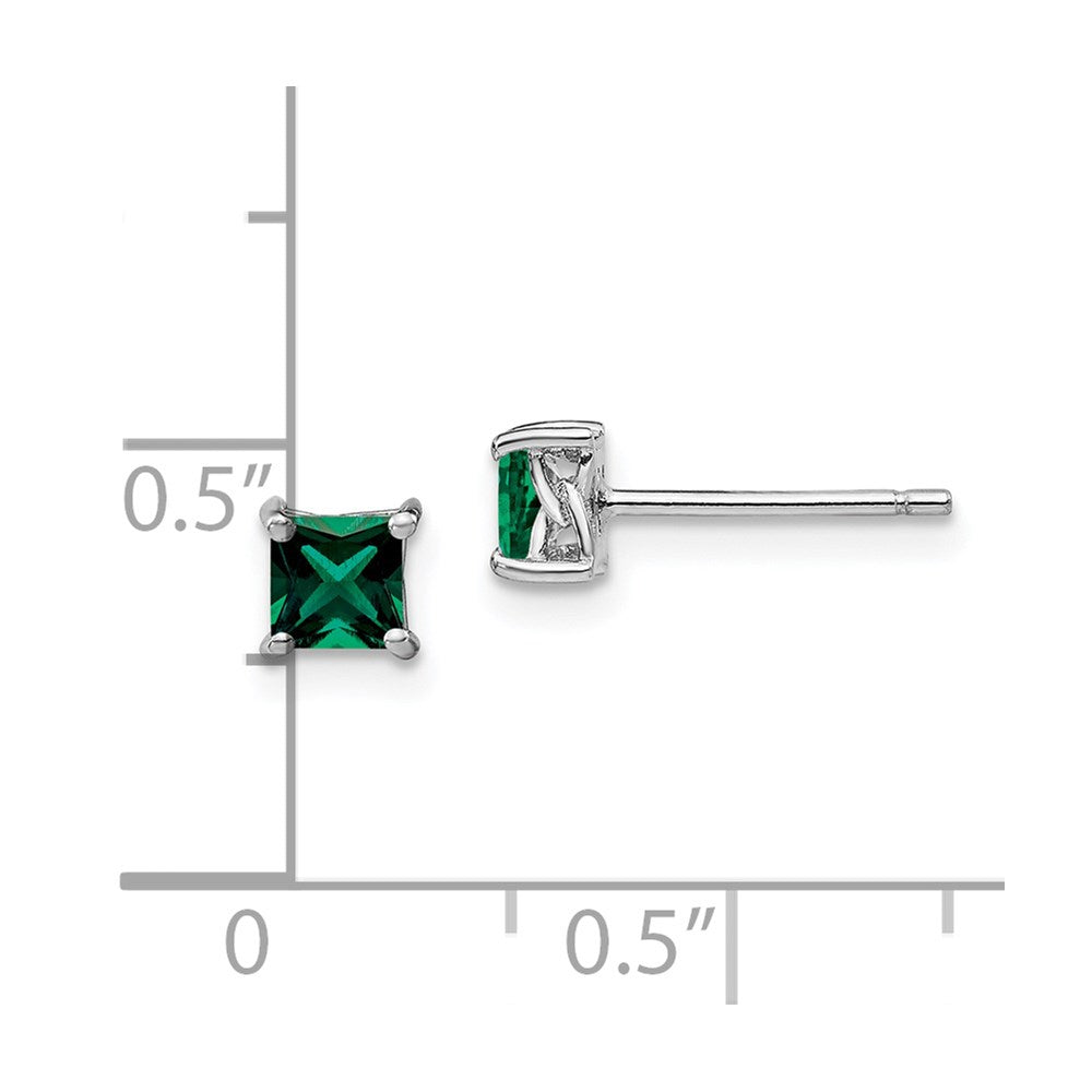 Sterling Silver Rhod-Pltd 4mm Princess Created Emerald Post Earrings