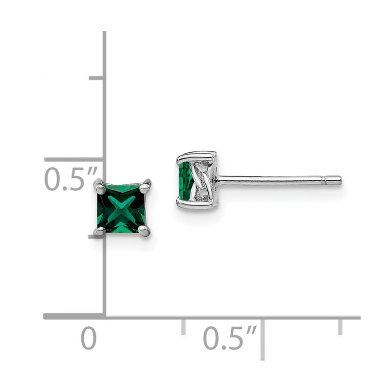 Sterling Silver Rhod-Pltd 4mm Princess Created Emerald Post Earrings