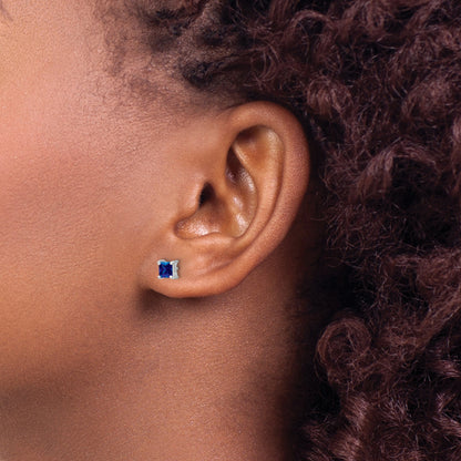 Sterling Silver Rhod-Pltd 4mm Princess Created Sapphire Post Earrings
