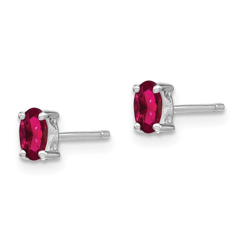 Sterling Silver Rhodium-Plated 5X3mm Oval Created Ruby Post Earrings