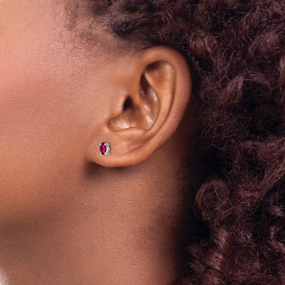 Sterling Silver Rhodium-Plated 5X3mm Oval Created Ruby Post Earrings