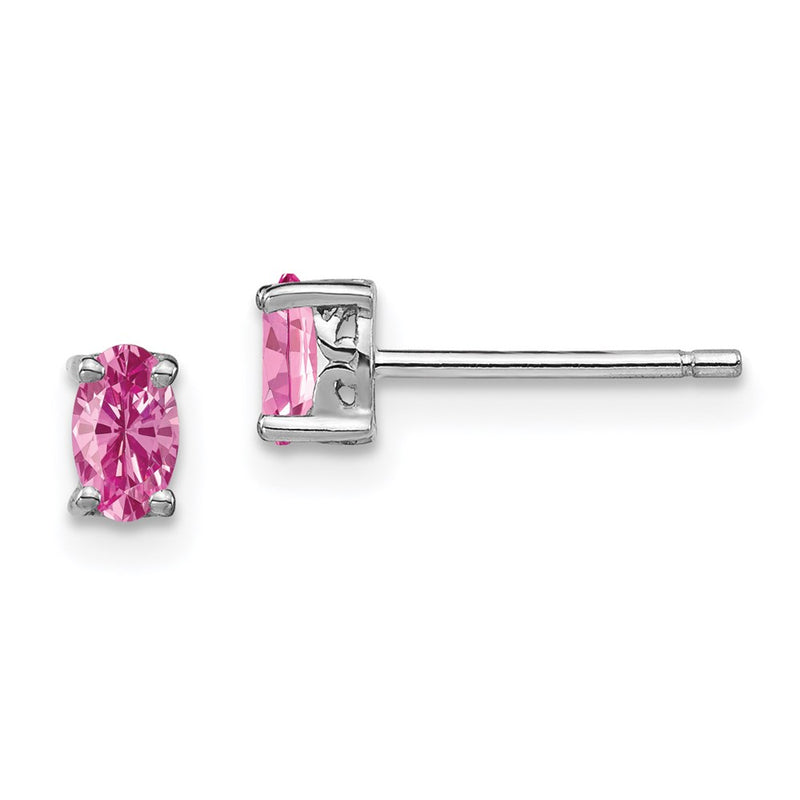 Sterling Silver Rhodium-Plated 5X3mm Oval Created Pink Sapphire Post Earrin