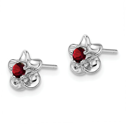 Sterling Silver Rhodium-Plated Floral Garnet Post Earrings