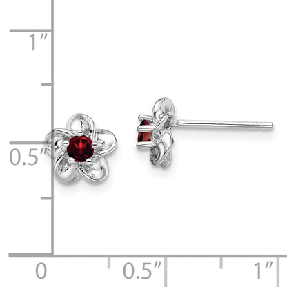 Sterling Silver Rhodium-Plated Floral Garnet Post Earrings