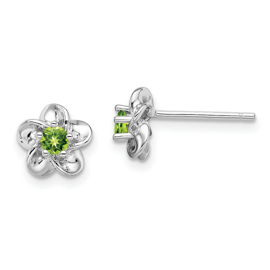 Sterling Silver Rhodium-Plated Floral Peridot Post Earrings