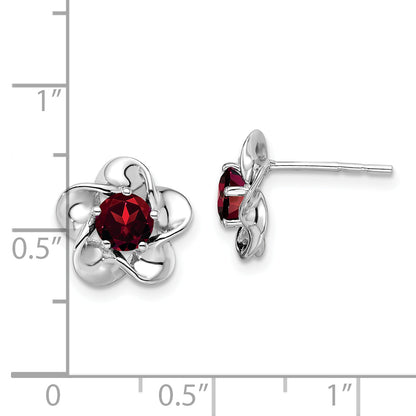 Sterling Silver Rhodium-Plated Floral Garnet Post Earrings