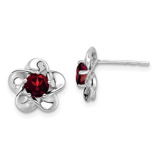 Sterling Silver Rhodium-Plated Floral Garnet Post Earrings