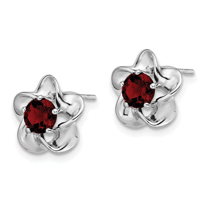 Sterling Silver Rhodium-Plated Floral Created Ruby Post Earrings