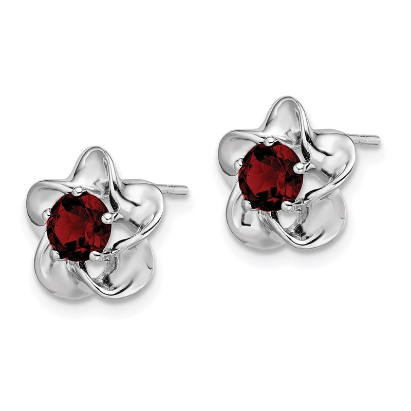 Sterling Silver Rhodium-Plated Floral Created Ruby Post Earrings