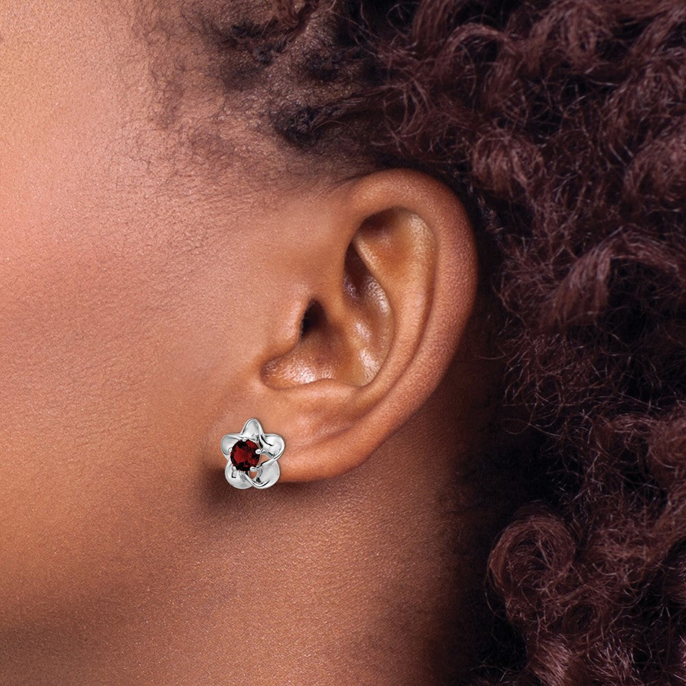 Sterling Silver Rhodium-Plated Floral Created Ruby Post Earrings