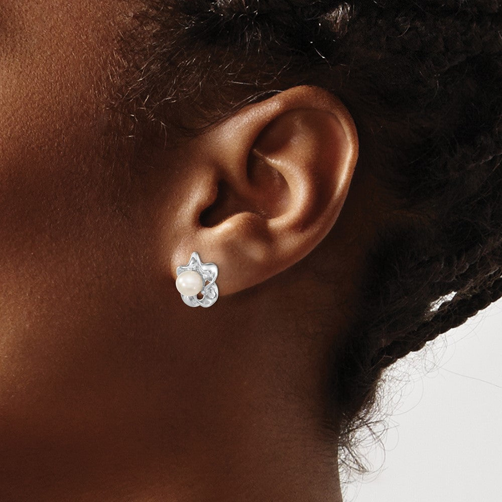 Sterling Silver Rhodium-Plated Floral Fwc Pearl Post Earrings