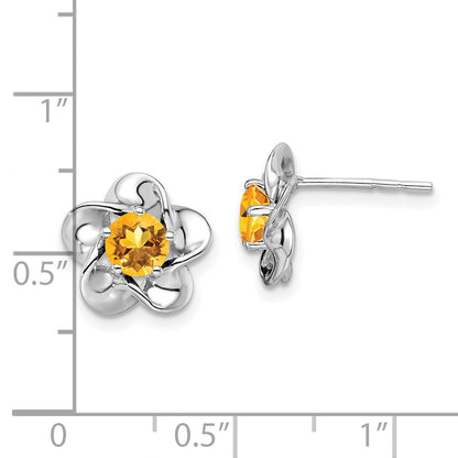 Sterling Silver Rhodium-Plated Floral Citrine Post Earrings