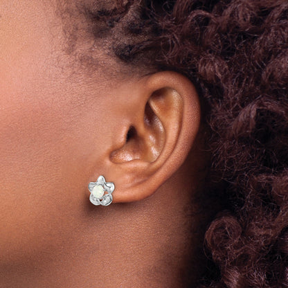 Sterling Silver Rhodium-Plated Floral Created Opal Post Earrings