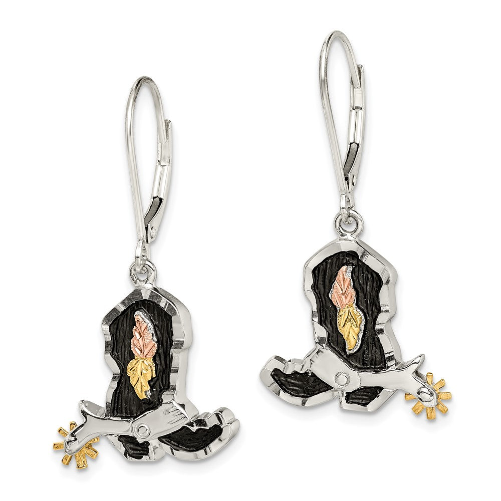 Sterling Silver Landstrom'S Mt. Rushmore Black Hills 12K Gold Accents Antiqued Cowboy Boot With 10K Spur Dangle Leverback Earrings