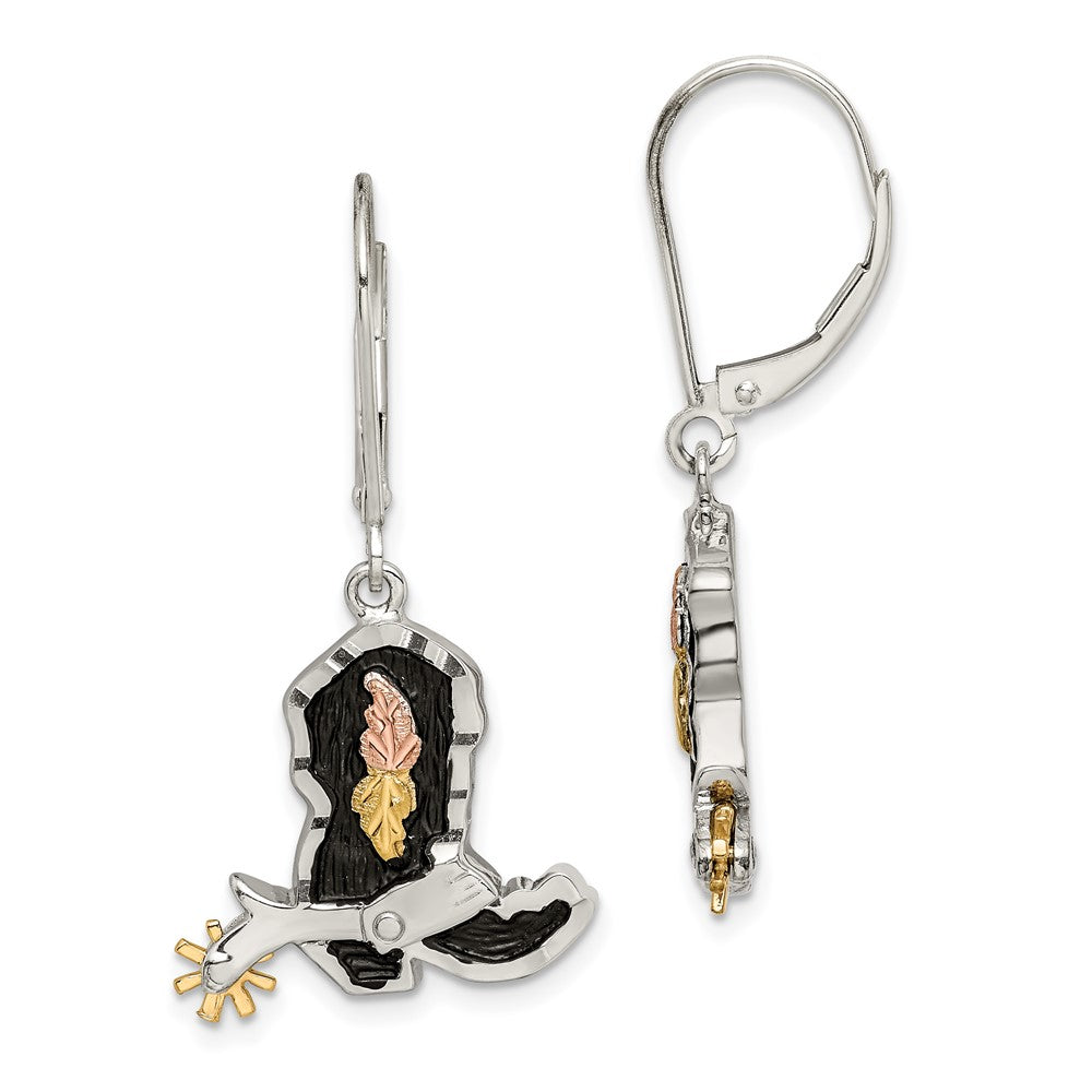Sterling Silver Landstrom'S Mt. Rushmore Black Hills 12K Gold Accents Antiqued Cowboy Boot With 10K Spur Dangle Leverback Earrings
