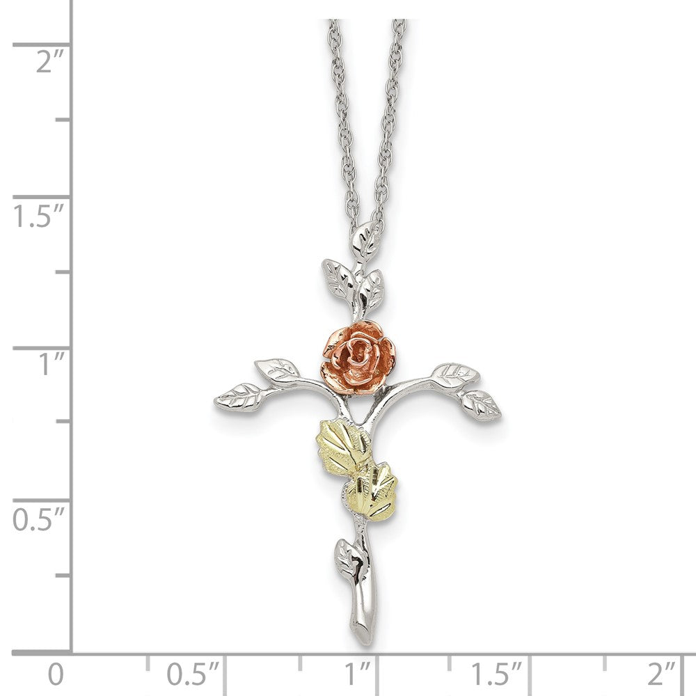 Sterling Silver Landstrom'S Mt. Rushmore Black Hills 12K Gold Accents Floral Cross 18 Inch Spring Ring Clasp Necklace