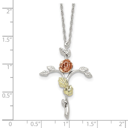 Sterling Silver Landstrom'S Mt. Rushmore Black Hills 12K Gold Accents Floral Cross 18 Inch Spring Ring Clasp Necklace