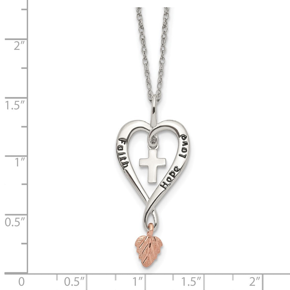 Sterling Silver Landstrom'S Mt. Rushmore Black Hills 12K Gold Accents Antiqued Faith Hope Love Heart With Cross And Leaf Dangle 18 Inch Spring Ring Clasp Necklace