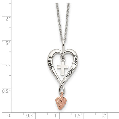 Sterling Silver Landstrom'S Mt. Rushmore Black Hills 12K Gold Accents Antiqued Faith Hope Love Heart With Cross And Leaf Dangle 18 Inch Spring Ring Clasp Necklace