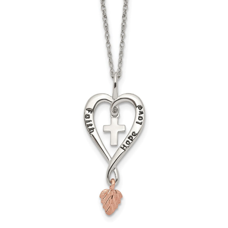 Sterling Silver Landstrom'S Mt. Rushmore Black Hills 12K Gold Accents Antiqued Faith Hope Love Heart With Cross And Leaf Dangle 18 Inch Spring Ring Clasp Necklace