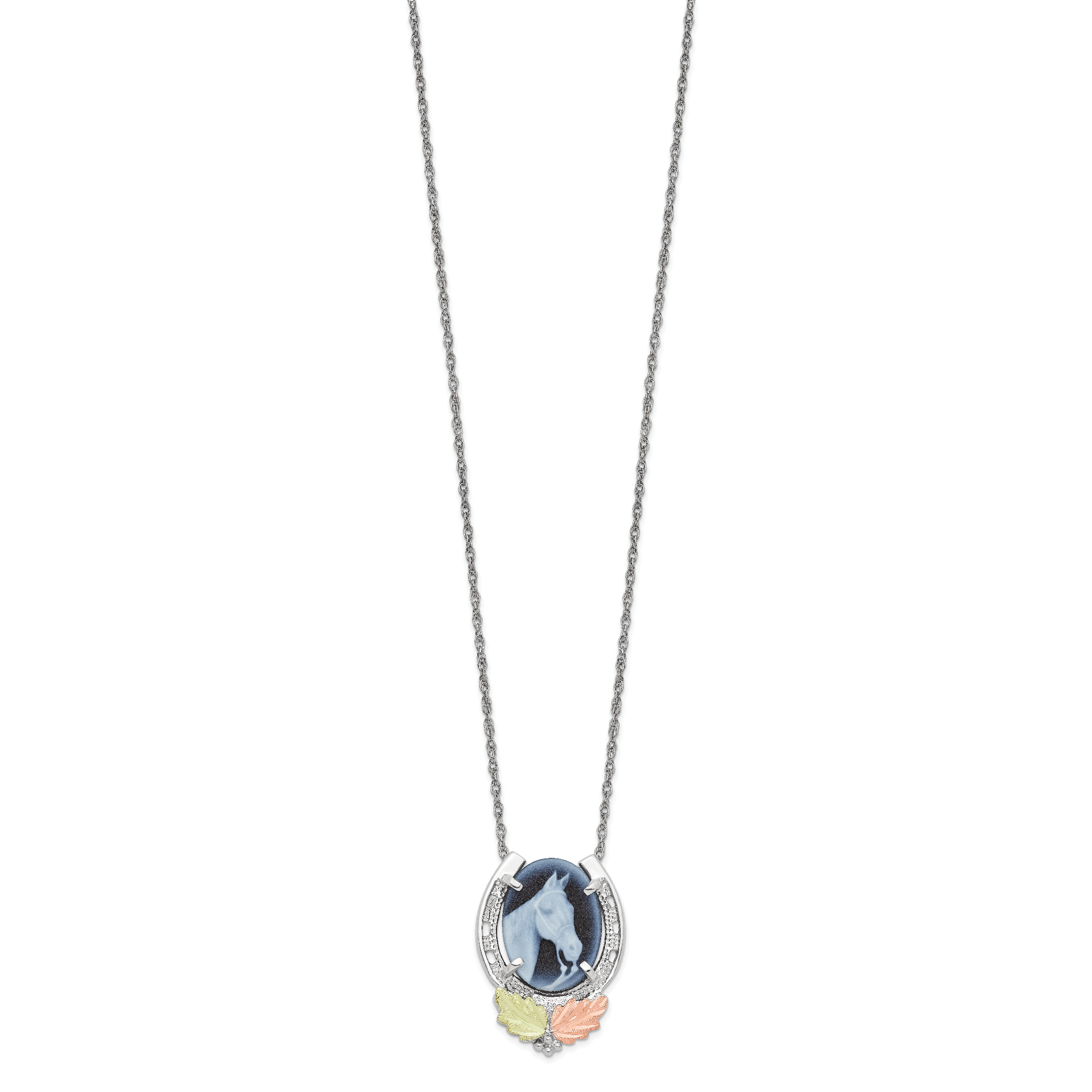Sterling Silver Landstrom'S Mt. Rushmore Black Hills 12K Gold Accents Horseshoe With Horse Head Blue Cameo 18 Inch Spring Ring Clasp Necklace