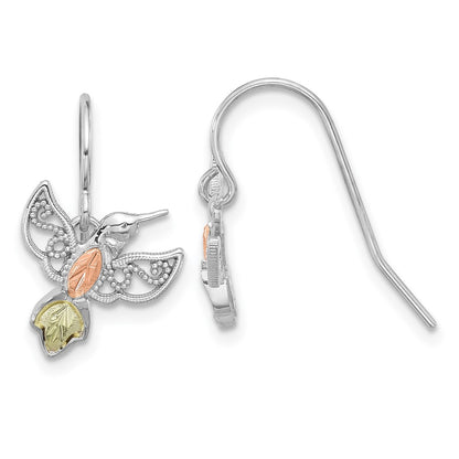 Sterling Silver Rhod-Pltd w/12K Accents Hummingbird Dangle Earrings