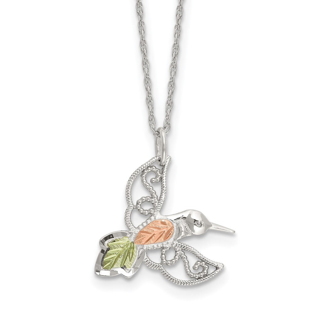 Sterling Silver Rhod-Pltd w/12K Accents Hummingbird 18in Necklace