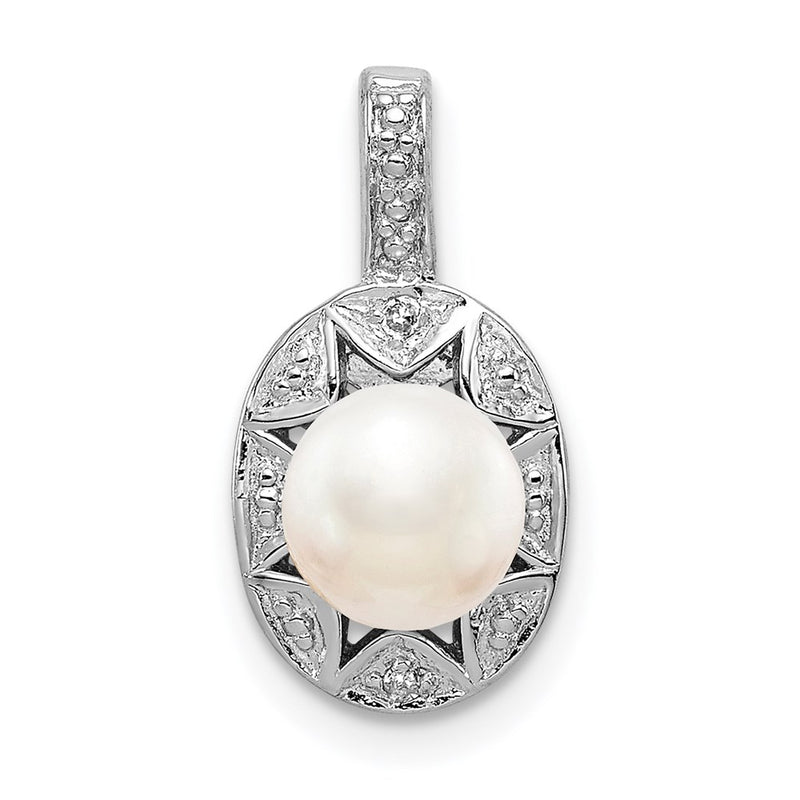 Sterling Silver Rhodium-Plated Diam. & Fw Cultured Pearl Pendant