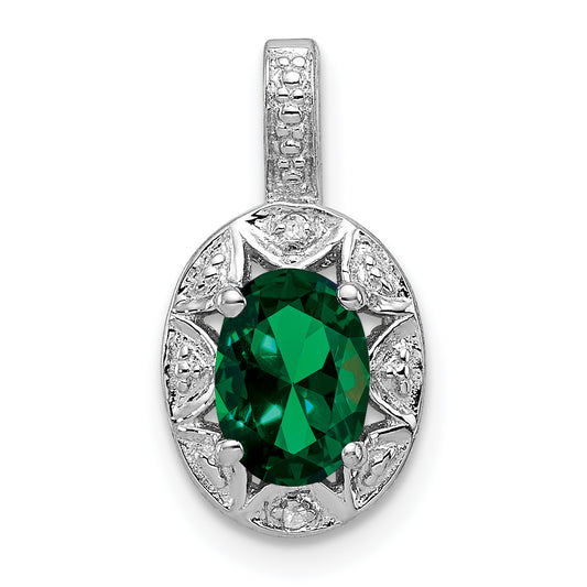 Sterling Silver Rhodium-Plated Diam. & Created Emerald Pendant