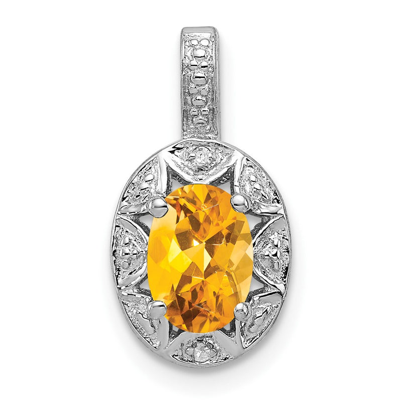 Sterling Silver Rhodium-Plated Diam. & Citrine Pendant