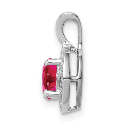 Sterling Silver Rhodium Plated Lab Created Ruby And .010 Ctw Diamond Halo Pendant