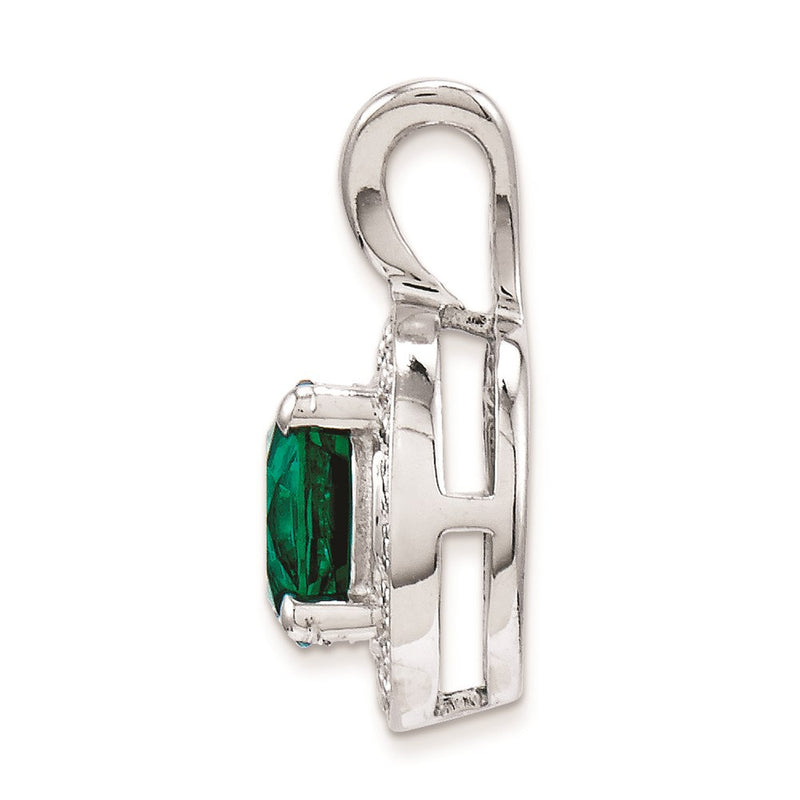 Sterling Silver Rhodium-Plated Diam. & Created Emerald Pendant