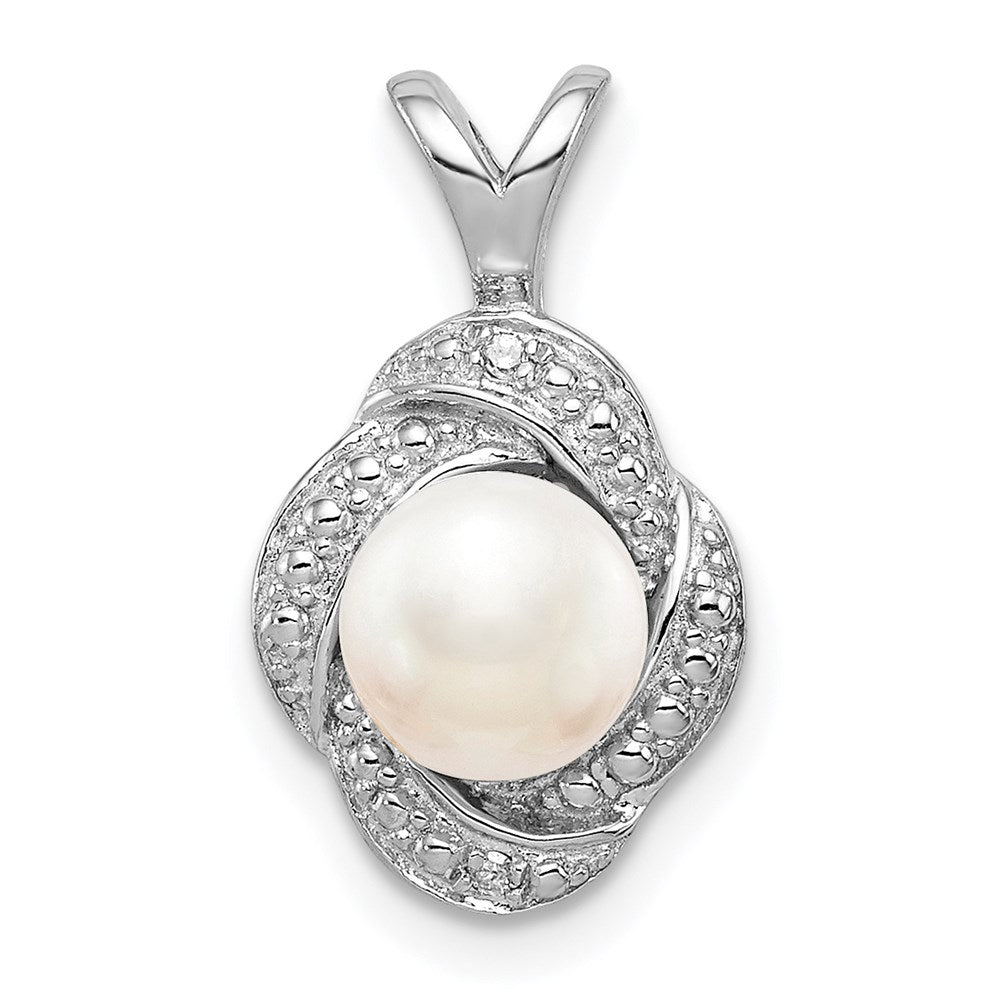 Sterling Silver Rhodium-Plated Diam. & Fw Cultured Pearl Pendant